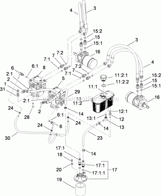 Toro 30033 (280000001-280999999) Commercial Walk-behind Traction Unit, 17hp Pistol-grip Hydro Drive, 2008 Hydraulic System Assembly Diagram