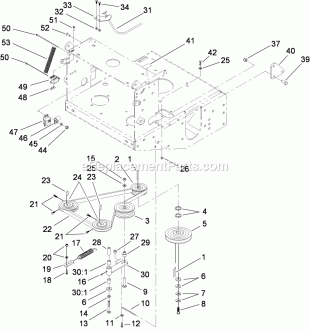 Toro 30033 (280000001-280999999) Commercial Walk-behind Traction Unit, 17hp Pistol-grip Hydro Drive, 2008 Pump Drive and Engine Pulley Assembly Diagram