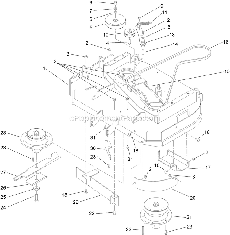 Toro 30074 (312000001-312999999)(2012) Floating Deck, T-Bar, Gear Drive With 36in Cutting Unit Walk-Behind Mower Deck Drive And Baffle Assembly Diagram