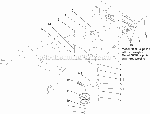 Toro 30099 (270000001-270999999) Commercial Walk-behind Mower, Floating Deck T-bar Gear With 52in Turbo Force Cutting Unit, 2007 Power-Take-Off Idler and Weight Assembly Diagram