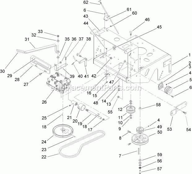Toro 30140 (240000001-240999999) Mid-size Proline T-bar Gear, 15 Hp With 48in Side Discharge Mower, 2004 Transmission and Drive Pulley Assembly Diagram