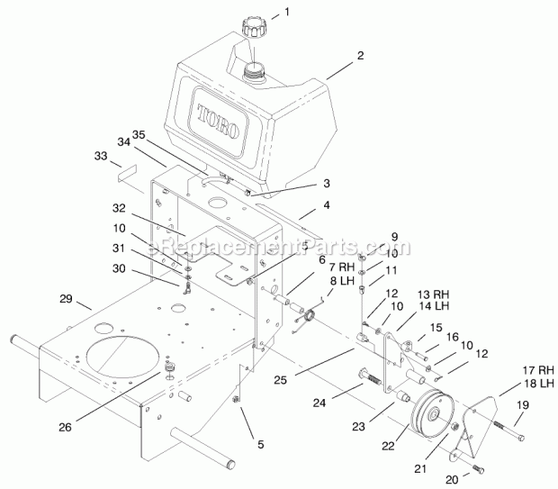 Toro 30167 (990001-999999) (1999) Mid-size Proline Gear Traction Unit, 12.5 Hp Fuel Tank and Idler Brackey Assembly Diagram