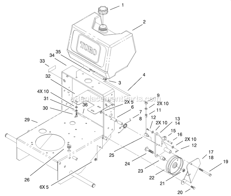 Toro 30177 (210000001-210999999)(2001) 15 Hp Mid-Size Proline Gear Traction Unit Fuel Tank And Idler Bracket Assembly Diagram