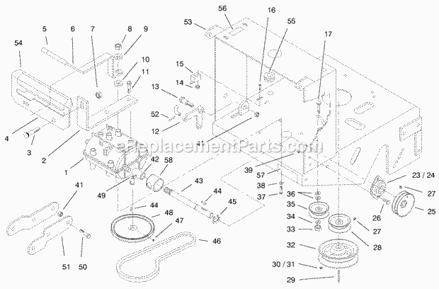 Toro 30184 (990001-999999) (1999) Mid-size Proline Gear, 13 Hp W/ 91cm Sd Mower Transmission, Pulleys and Drive Belt Diagram