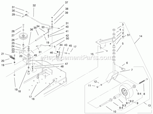 Toro 30194 (200000001-200999999) Mid-size Proline Gear, 13 Hp W/ 36-in. Sd Mower, 2000 Front Castors & Blade Brake System Assembly Diagram