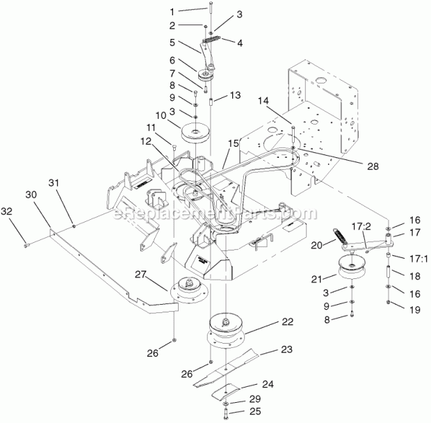 Toro 30250TE (210000001-210005000) Mid-size Proline Gear, 12.5 Hp W/ 36-in. Sd Mower, 2001 Spindles, Pulleys and Belts Assembly Diagram