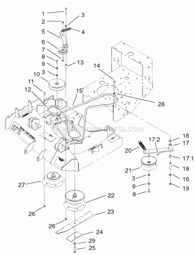 Toro 30250 (210000001-210005000) Mid-size Proline Gear, 12.5 Hp W/ 36-in. Sd Mower, 2001 Spindles, Pulleys and Belts Assembly Diagram