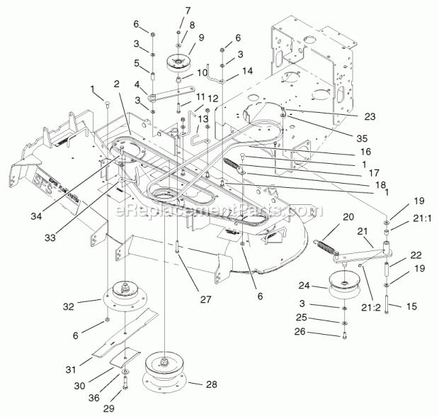 Toro 30255 (210000001-210999999) Mid-size Proline Gear, 15 Hp W/ 52-in. Sd Mower, 2001 Spindles, Idler Pulleys, and Belts Assembly Diagram