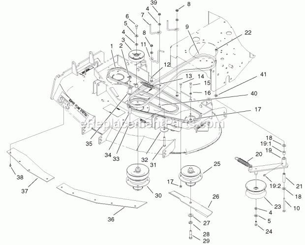 Toro 30291 (210000001-210005000) Mid-size Proline Hydro, 15 Hp W/ 44-in. Sd Mower, 2001 Spindles, Idler Pulleys and Belts Assembly Diagram