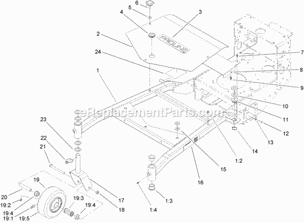Toro 30318 (240002001-240999999) Mid-size Proline T-bar Gear, 15 Hp With 44in Side Discharge Mower, 2004 Carrier Frame Assembly Diagram