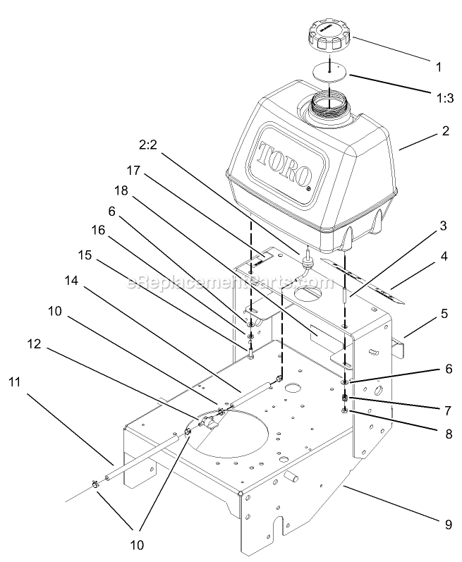 Toro 30322 (230000001-230999999)(2003) 17 Hp W/ 52-Inch Sd Mower Mid-Size ProLine T-Bar Gear Fuel Tank Assembly Diagram