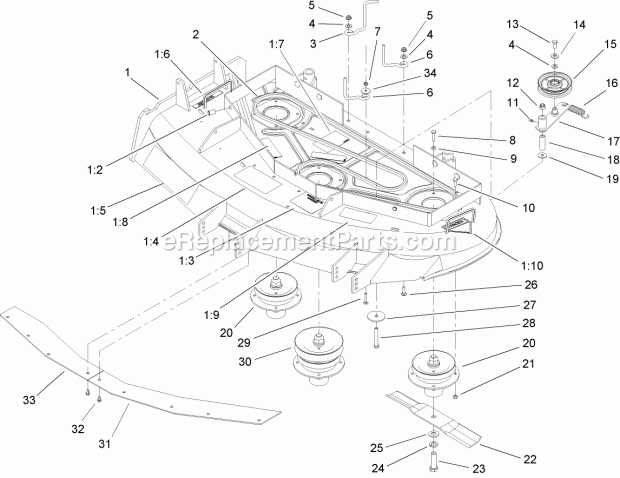 Toro 30326 (260000001-260999999) Mid-size Proline T-bar Gear, 15 Hp With 44in Side Discharge Mower, 2006 Spindle, Pulley and Belt Assembly Diagram