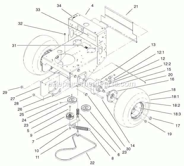 Toro 30338 (210000001-210999999) Mid-size Proline Hydro, 15 Hp W/ 44-in. Sd Mower, 2001 Wheel Motor, Pump Idler & Belt Assembly Diagram