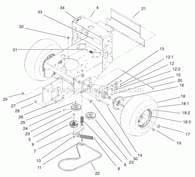 Toro 30340 (210000001-210999999) Mid-size Proline Hydro, 17 Hp W/ 44-in. Sd Mower, 2001 Wheel Motor, Pump Idler & Belt Assembly Diagram