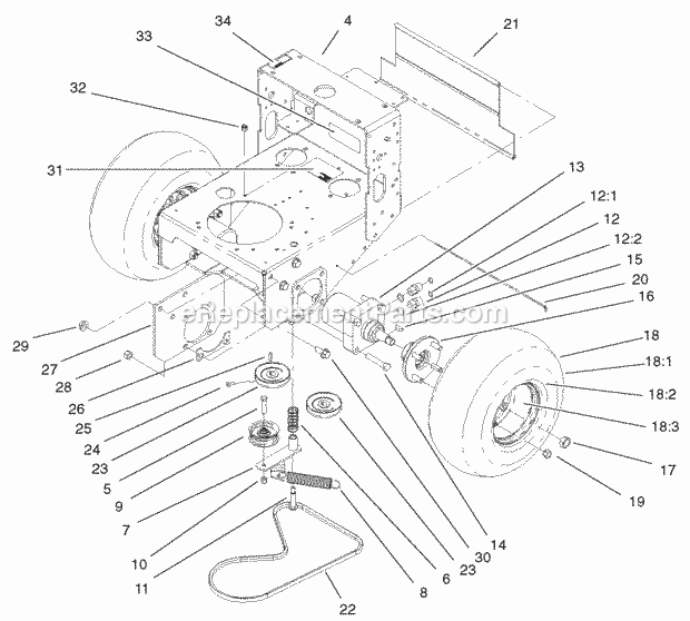 Toro 30341 (210000001-210999999) Mid-size Proline Hydro, 17 Hp W/ 52-in. Sd Mower, 2001 Wheel Motor, Pump Idler & Belt Assembly Diagram