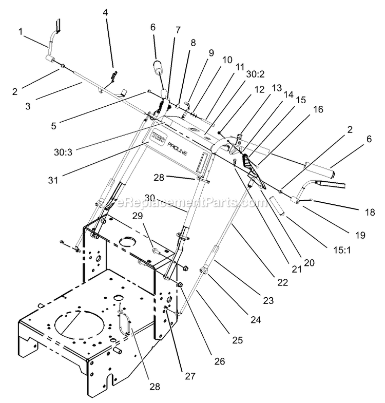 Toro 30430 (240000001-240999999)(2004) Mid-Size Proline Pistol Grip Gear, 15 Hp With 36in Side Discharge Mower Handle Assembly Diagram