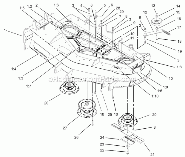 Toro 30432 (240000001-240999999) Mid-size Proline Pistol Grip Gear, 17 Hp With 52in Side Discharge Mower, 2004 Spindle, Pulley and Belt Assembly Diagram