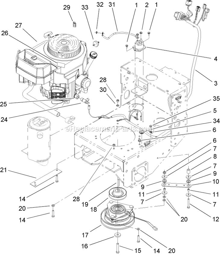 Toro 30441 (240000001-240999999)(2004) Mid-Size Proline Pistol Grip Hydro, 17 Hp With 52in Side Discharge Mower Engine, Clutch And Brake Assembly Diagram