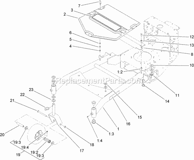 Toro 30494 (290000001-290999999) Commercial Walk-behind Mower, Floating Deck, Split Lever, Hydro Drive With 36in Turbo Force Cut Carrier Frame Assembly Diagram