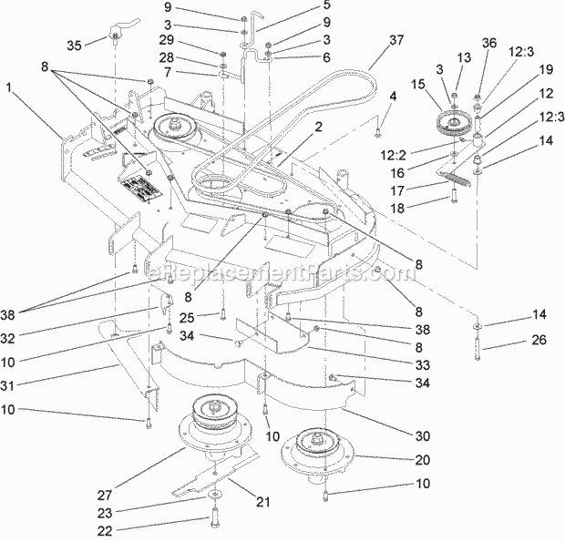 Toro 30496 (280000001-280001000) Commercial Walk-behind Mower, Floating Deck Split Lever Hydro With 40in Turbo Force Cutting Uni Deck Drive and Baffle Assembly Diagram