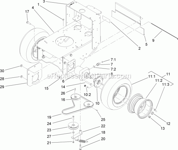 Toro 30498 (270000001-270999999) Commercial Walk-behind Mower, Floating Deck Split Lever Hydro With 48in Turbo Force Cutting Uni Pump Drive and Wheel Assembly Diagram
