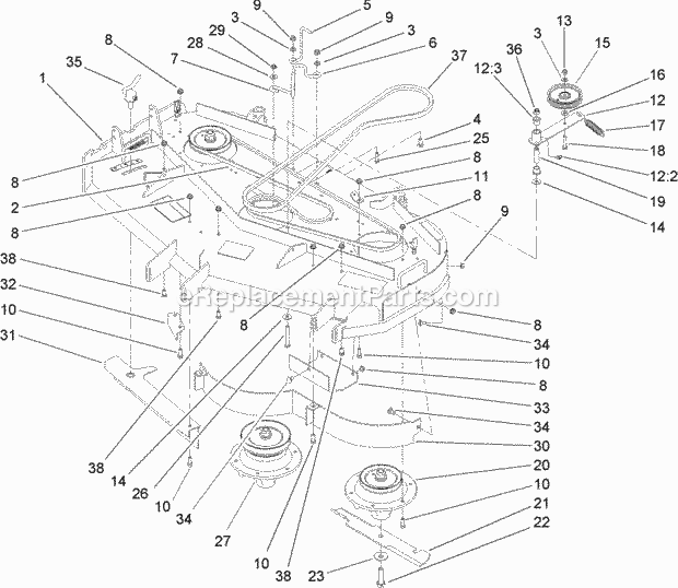Toro 30498 (280001101-280999999) Commercial Walk-behind Mower, Floating Deck Split Lever Hydro With 48in Turbo Force Cutting Uni Deck Drive and Baffle Assembly Diagram