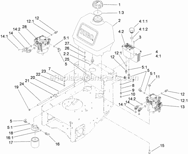 Toro 30498 (280001101-280999999) Commercial Walk-behind Mower, Floating Deck Split Lever Hydro With 48in Turbo Force Cutting Uni Fuel System, Hydraulic Pump and Filter Assembly Diagram