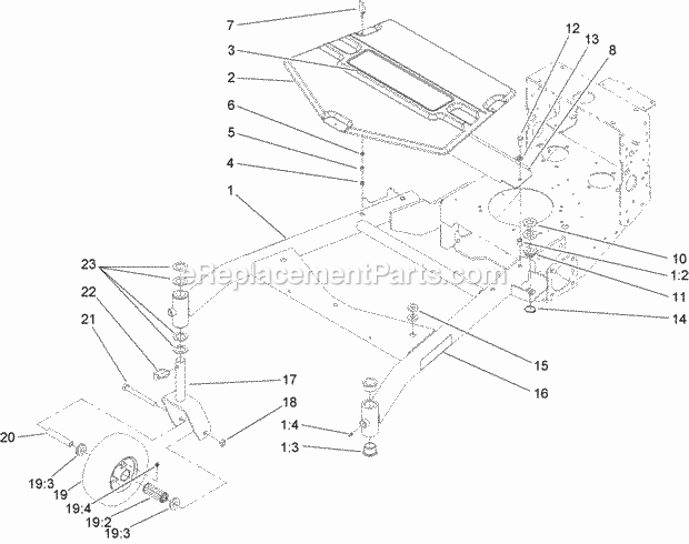 Toro 30498 (280001101-280999999) Commercial Walk-behind Mower, Floating Deck Split Lever Hydro With 48in Turbo Force Cutting Uni Carrier Frame Assembly Diagram