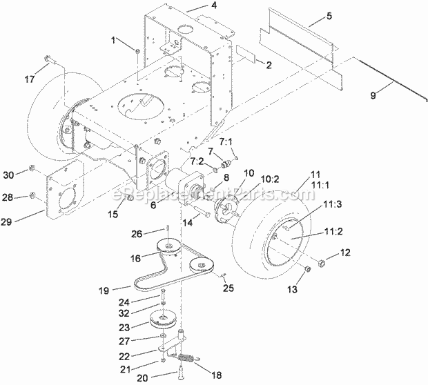 Toro 30498 (290000001-290999999) Commercial Walk-behind Mower, Floating Deck, Split Lever, Hydro Drive With 48in Turbo Force Cut Pump Drive and Wheel Assembly Diagram