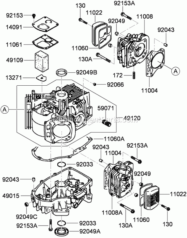 Toro 30498 (290000001-290999999) Commercial Walk-behind Mower, Floating Deck, Split Lever, Hydro Drive With 48in Turbo Force Cut Cylinder and Crankcase Assembly Kawasaki Fh580v-Fs28 Diagram
