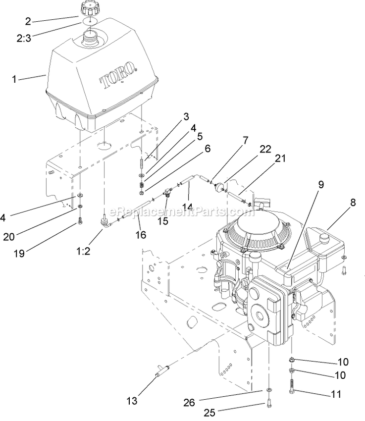 Toro 30528 (250000001-250999999)(2005) Mid-Size Proline Pistol Grip Hydro, 15 Hp With 48in Side Discharge Mower Engine And Fuel System Assembly Diagram