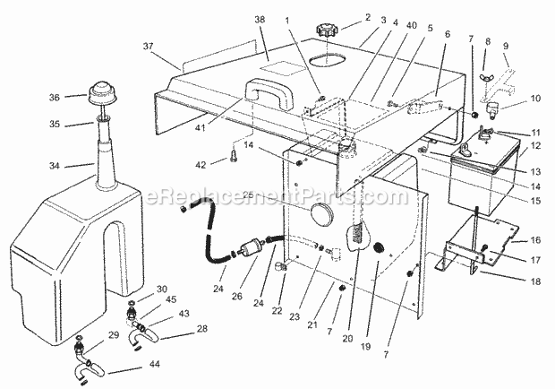 Toro 30612TE (230000001-230999999) Groundsmaster 120, 2003 Hood, Fuel Tank and Hydraulic Reservoir Assembly Diagram