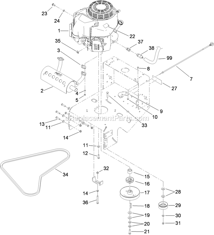 Toro 30632 (310000001-310999999)(2010) Fixed Deck, Pistol Grip, Gear Drive With 32in Cutting Unit Walk-Behind Mower Engine And Exhaust Assembly Diagram