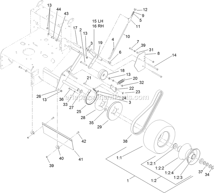 Toro 30632 (311000001-311999999)(2011) Fixed Deck, Pistol Grip, Gear Drive With 32in Cutting Unit Walk-Behind Mower Drive Wheel And Brake Assembly Diagram