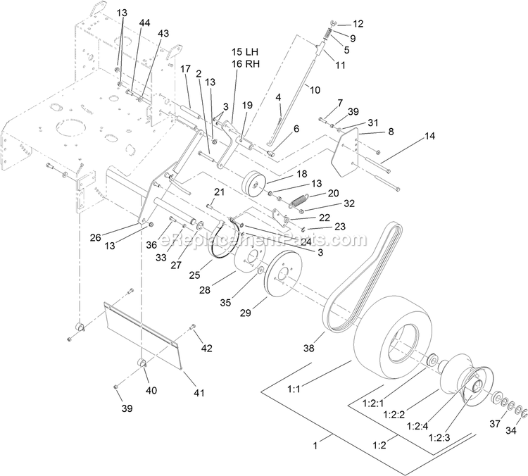 Toro 30632 (314000001-314999999)(2014) Fixed Deck, Pistol Grip, Gear Drive With 32in Cutting Unit Walk-Behind Mower Drive Wheel And Brake Assembly Diagram