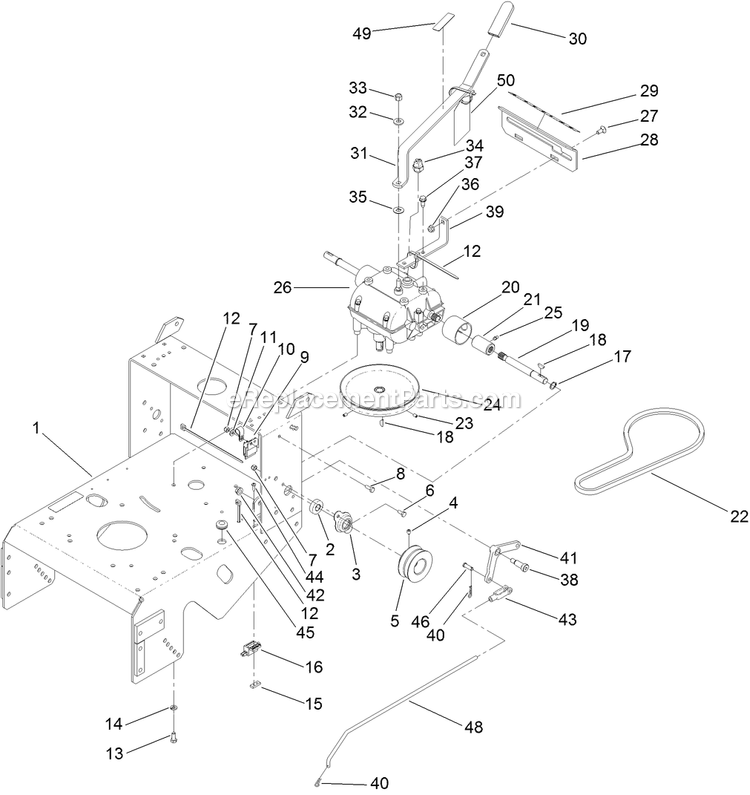 Toro 30632 (405700000-409999999) Fixed Deck, Pistol Grip, Gear Drive With 32in Cutting Unit Walk-Behind Mower Frame And Transmission Assembly Diagram