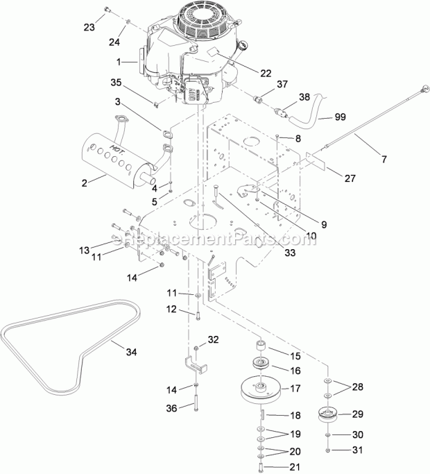Toro 30638 (310000001-310999999) Commercial Walk-behind Mower, Fixed Deck, Pistol Grip, Gear Drive With 48in Turbo Force Cutting Engine and Exhaust Assembly Diagram
