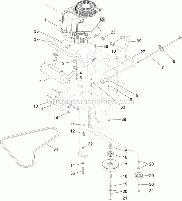 Toro 30672 (400000000-999999999) Commercial Walk-behind Mower, Fixed Deck, T-bar, Gear Drive With 32in Cutting Unit, 2017 Engine and Exhaust Assembly Diagram