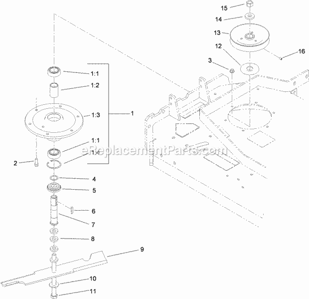 Toro 30674 (310000001-310999999) Commercial Walk-behind Mower, Fixed Deck, T-bar, Gear Drive With 36in Turbo Force Cutting Unit, Sheave, Spindle and Blade Assembly Diagram