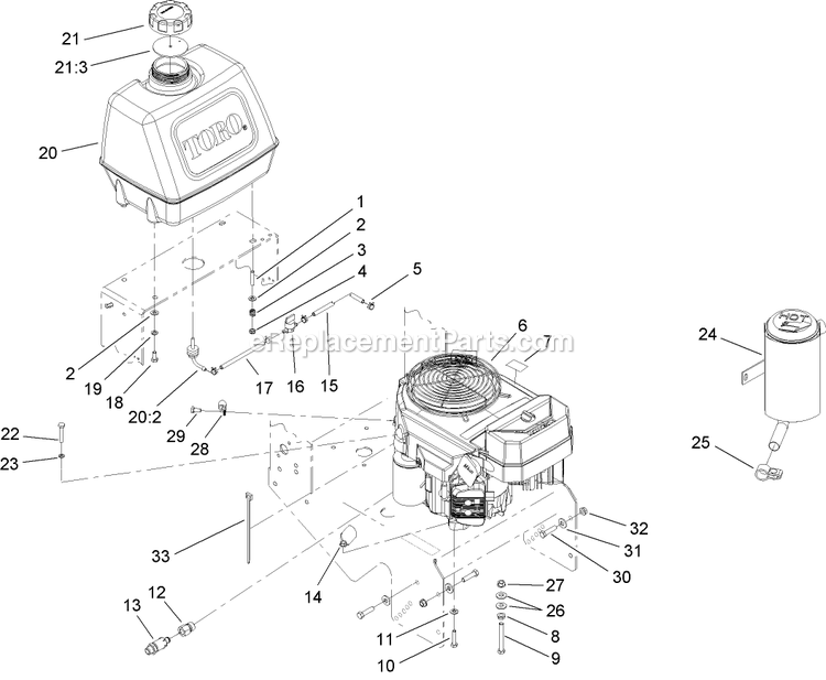 Toro 30682 (260000001-260999999)(2006) Fixed Deck, Pistol Grip, Gear Drive With 32in Cutting Unit Walk-Behind Mower Engine And Fuel Tank Assembly Diagram