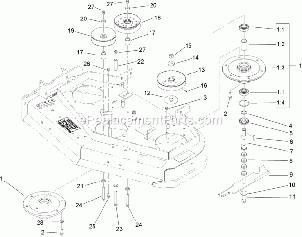 Toro 30986 (280000001-280999999) Commercial Walk-behind Mower, Fixed Deck Pistol Grip Hydro With 40in Turbo Force Cutting Unit, Sheave, Spindle and Blade Assembly Diagram