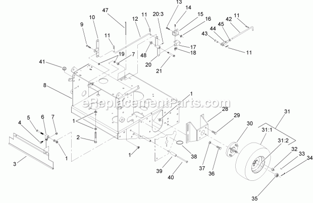 Toro 30989 (280000001-280999999) Commercial Walk-behind Mower, Fixed Deck Pistol Grip Hydro With 52in Turbo Force Cutting Unit, Frame and Wheel Assembly Diagram