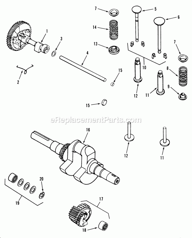 Toro 31-16O801 (1989) Lawn Tractor Kohler Camshaft, Crankshaft & Valves Diagram