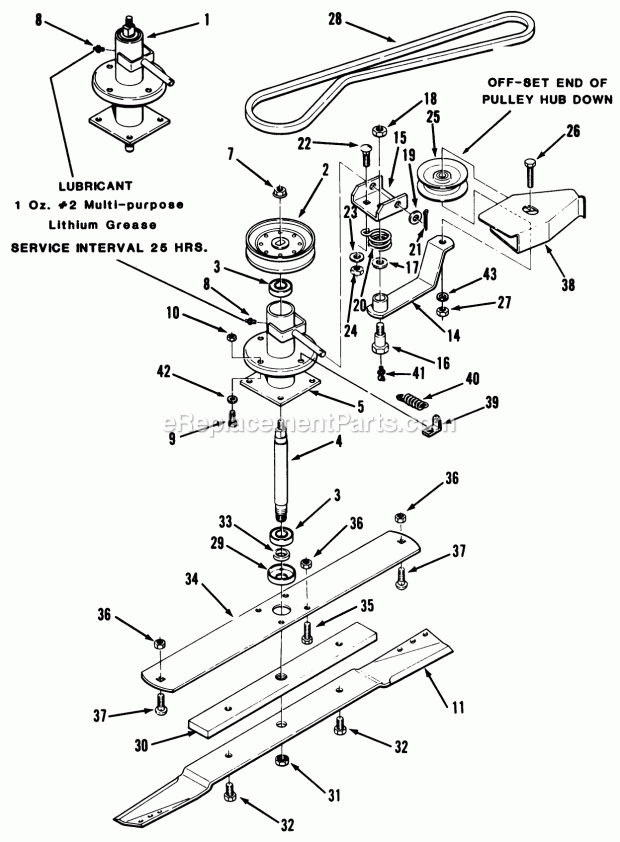Toro 33-08B304 (1987) Lawn Tractor Spindle, Pulleys, and Drive Belt Diagram
