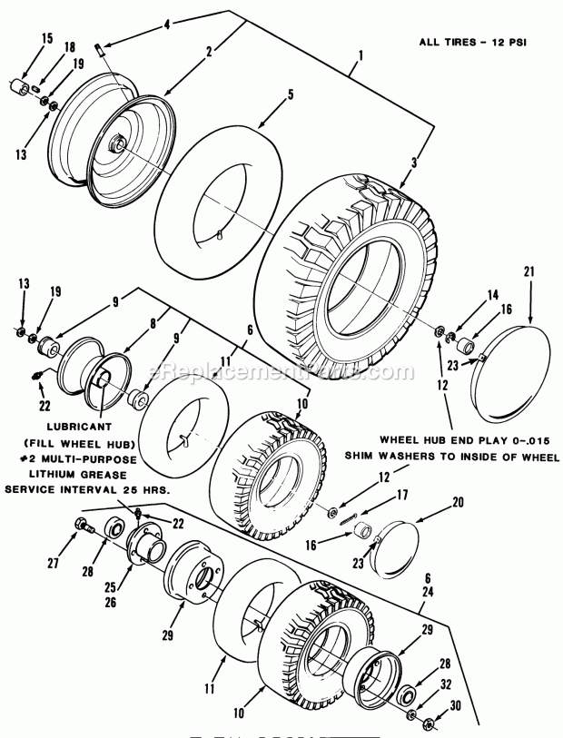 Toro 33-08B304 (1987) Lawn Tractor Wheels and Tires Diagram