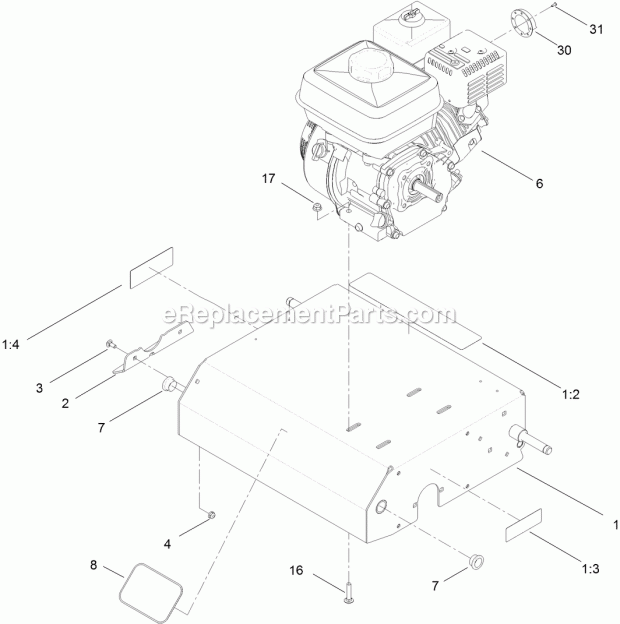 Toro 33513 (312000001-312999999) 18in Dethatcher, 2012 Frame and Engine Assembly Diagram