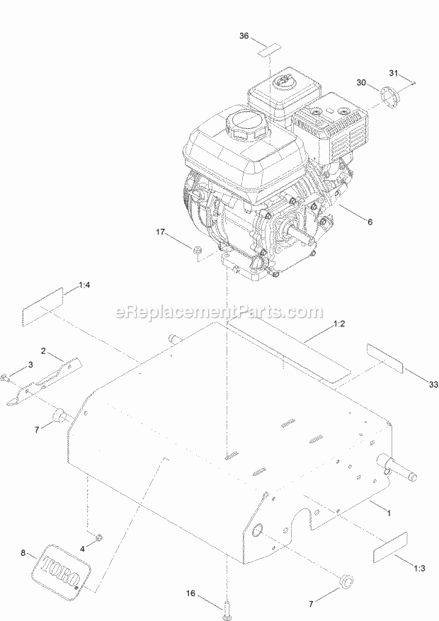 Toro 33513 (315000001-315999999) 18in Dethatcher, 2015 Frame and Engine Assembly Diagram