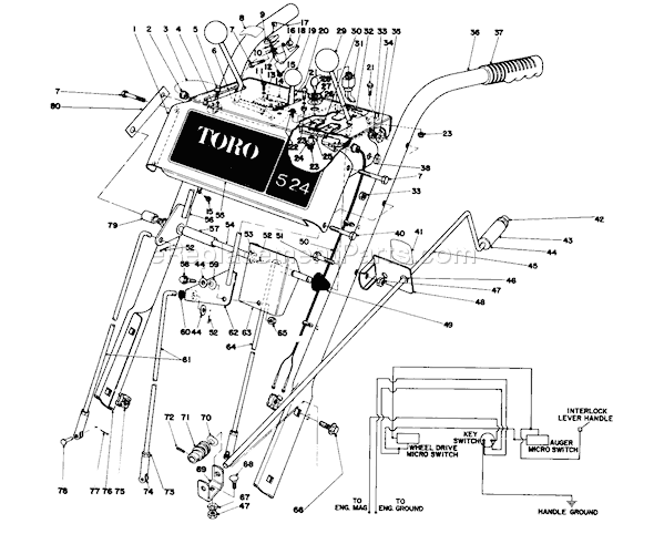 Toro 38050 (0000001-0999999)(1980) Snowthrower Handle Assembly Diagram