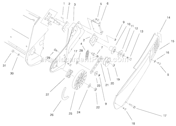 Toro 38177 (99000001-99999999)(1999) Snowthrower Pulley & Belt Cover Assembly Diagram