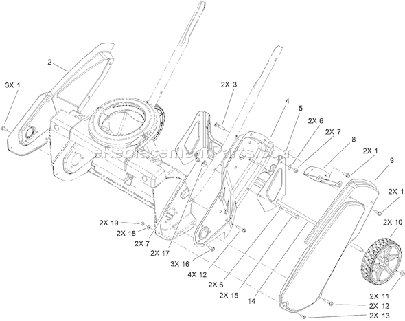 Toro 38272 (310007386-310999999)(2010) Snowthrower Main Frame and Wheel Assembly Diagram